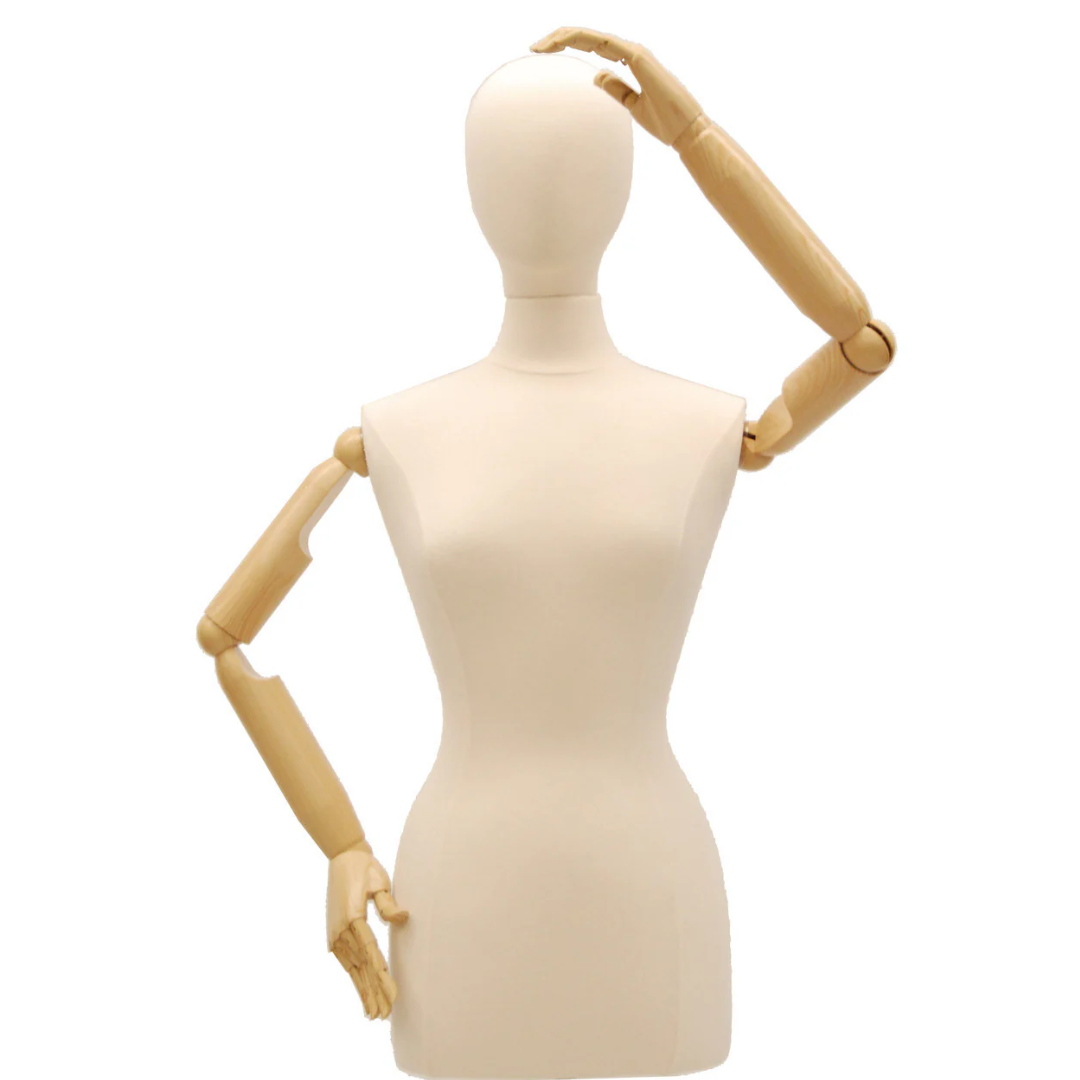 Female Dress Form with Bendable Arms: Jersey on Wooden Tripod Base   Mannequin Madness