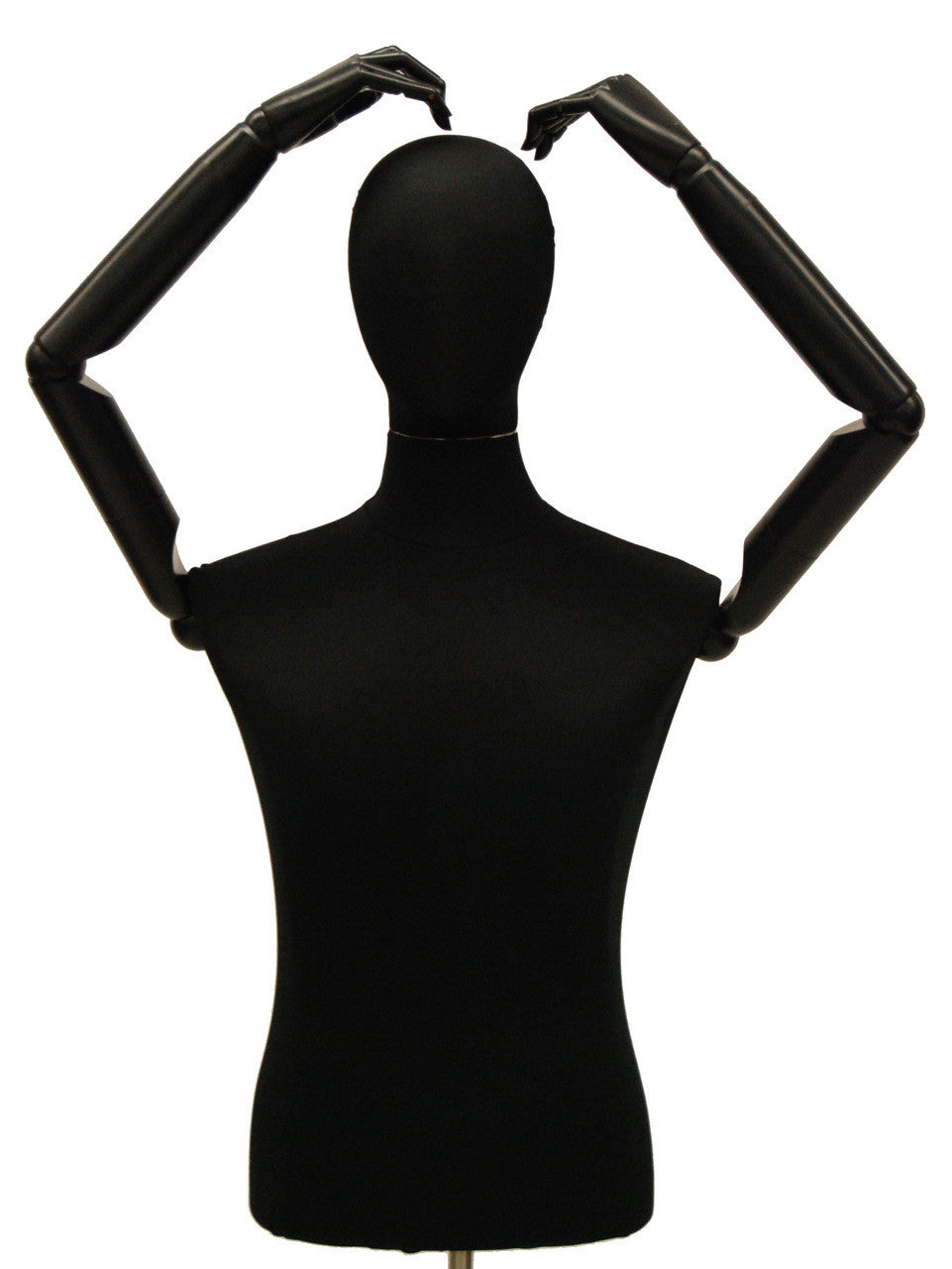 Male Dress Form with Bendable Arms Black Jersey, Wheeled Base