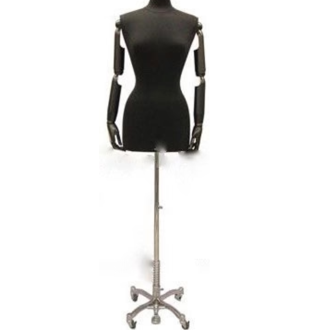 Female Dress Form with Bendable Arms Black Jersey on Caster Wheel Bas