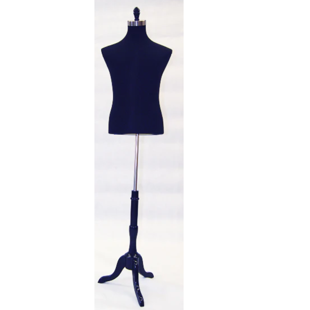Male Dress Form Black Jersey on Black Wooden Tripod Base Mannequin
