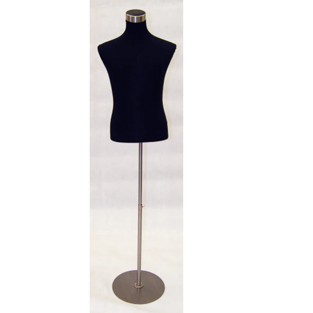 dress form metal base Male Dress Form: Black Jersey on Round Metal Base