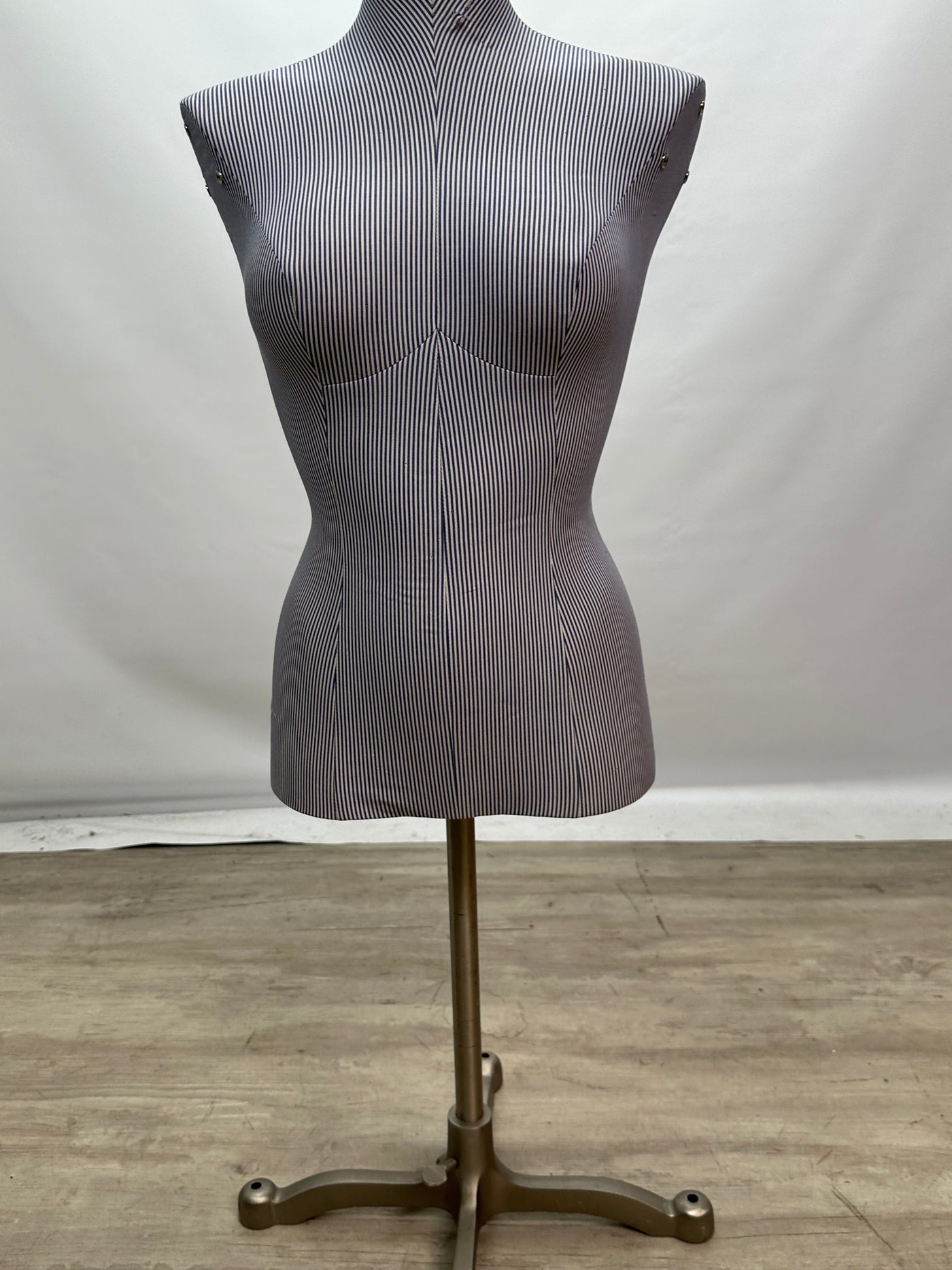 Used Female Mannequin Dress Form - Blue Stripe Fabric
