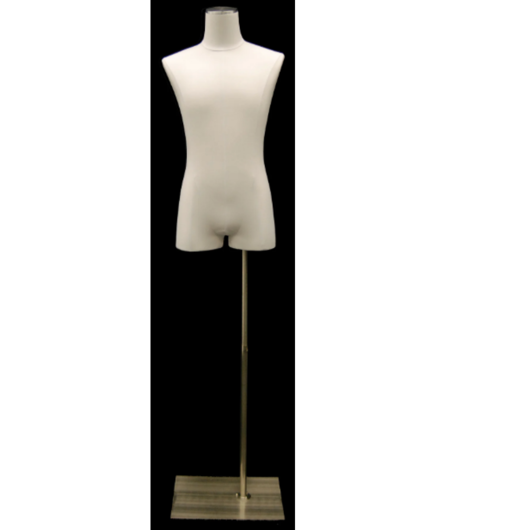 Roxy Display Male Dress Form – White Linen Jersey Cover, Model #M1WL-JF+BS-05BK