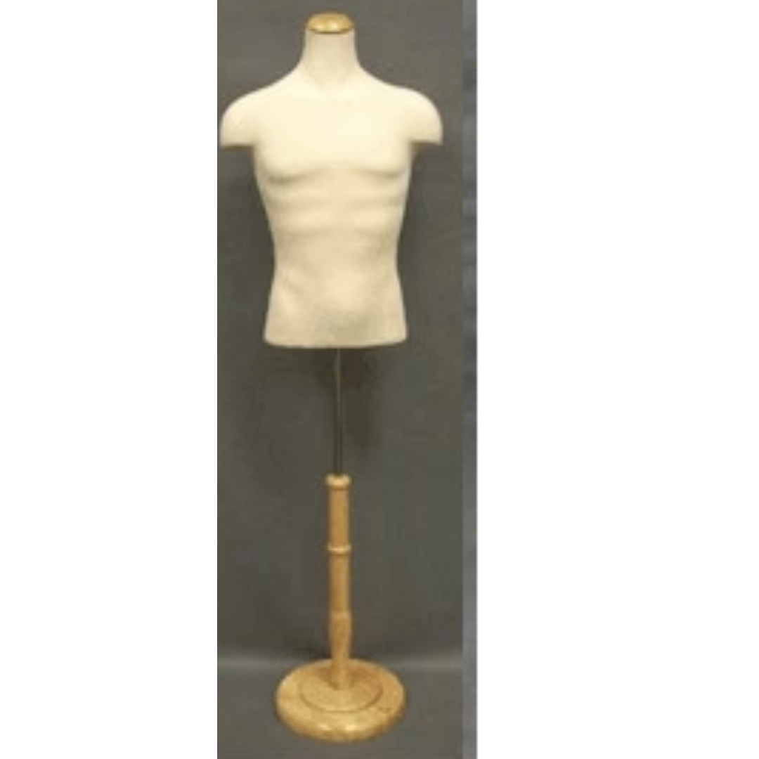 Male Body Form White Jersey w/ Shoulders, Natural Round Wood Base