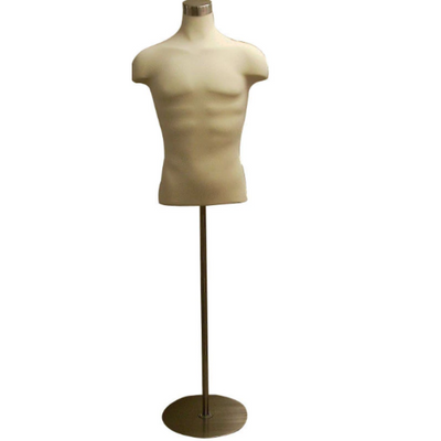 Male Body Form White Jersey w/Shoulders on Round Metal Base