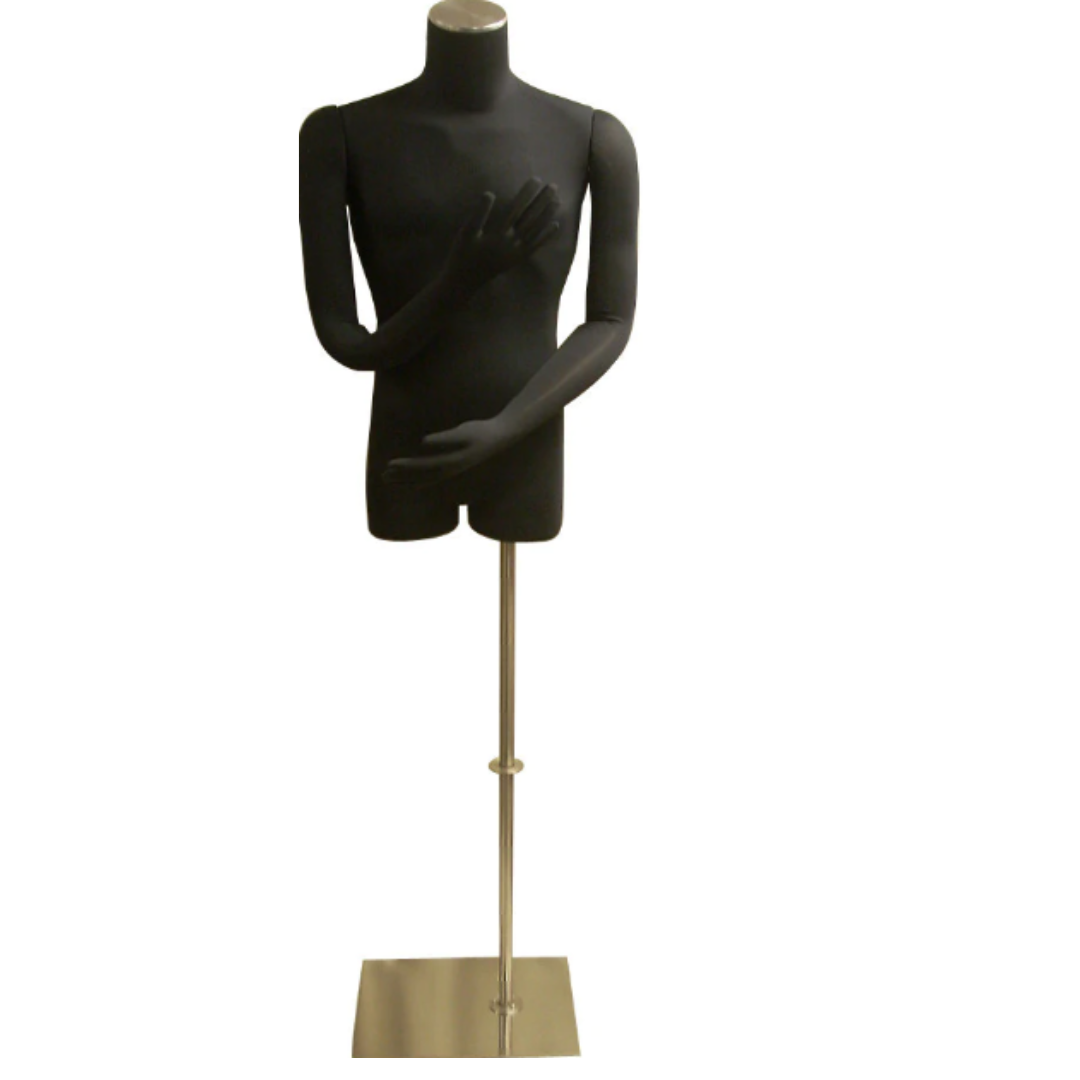 Male Dress Form with Half Leg and Bendable Cloth Arms: Black Jersey