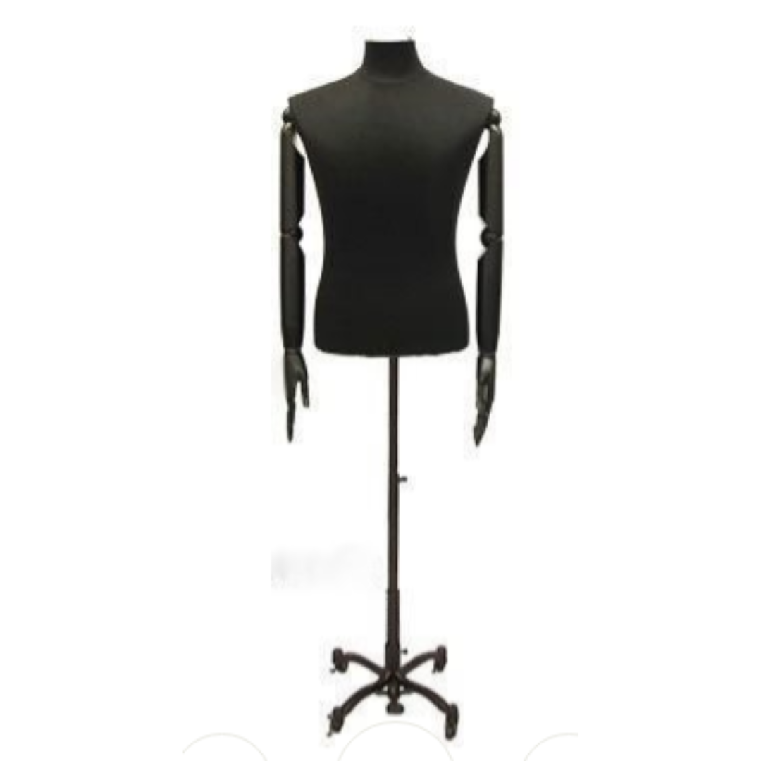 Male Dress Form with Bendable Arms: Black Jersey, Wheeled Base