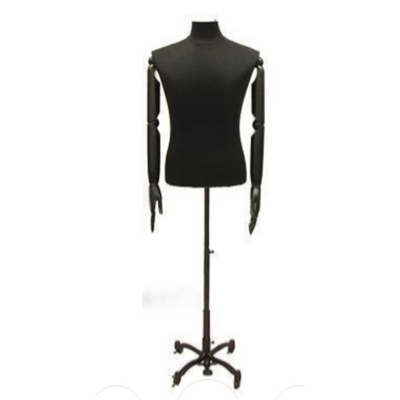 Male Dress Form with Bendable Arms: Black Jersey, Wheeled Base
