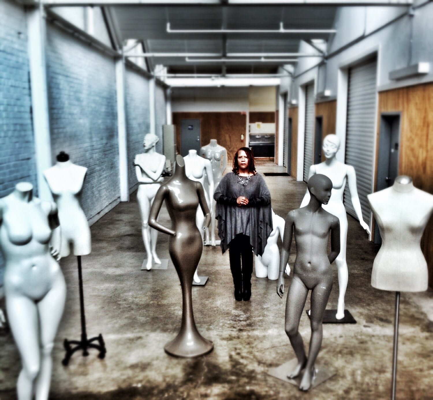 Mannequin Madness warehouse interior with rows of mannequins