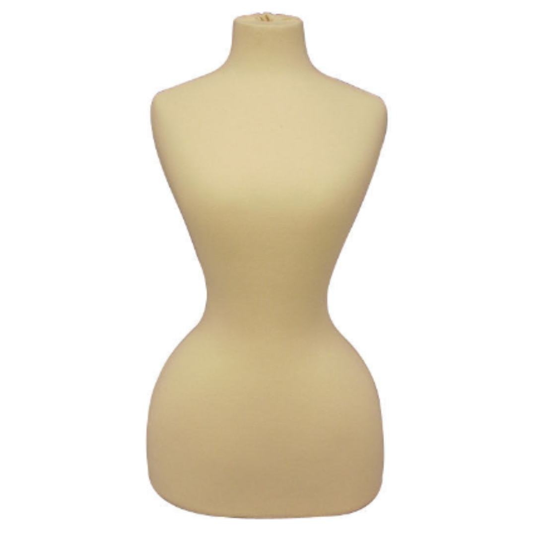 Wasp Waist Corset Dress Form: White Jersey on Natural Wood Tripod Base
