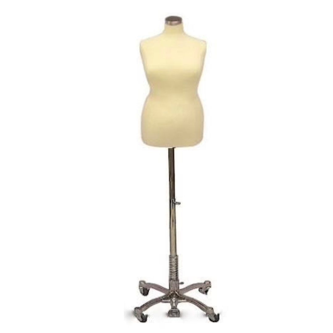 Plus-Size Female Body Form: White Jersey on Chrome Wheeled Base, Size 14/16