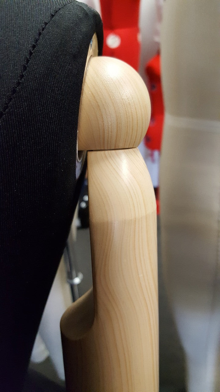 Female Dress Form with Bendable Arms: White Jersey, Wooden Tripod Base