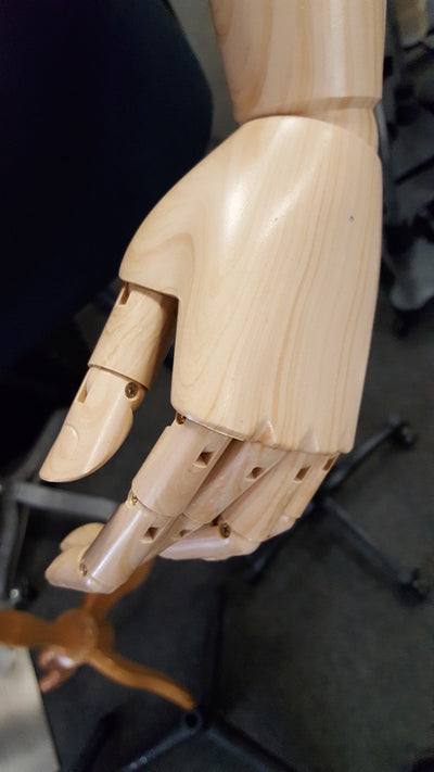 Female Dress Form with Bendable Arms: White Jersey, Wooden Tripod Base