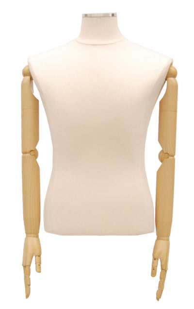 Male Dress Form with Bendable Arms: White Jersey, Black Wood Tripod Base