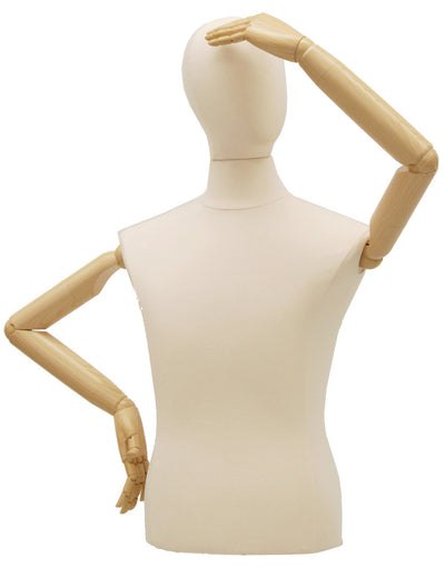 Male Dress Form with Bendable Arms: White Jersey, Natural Wood Tripod Base