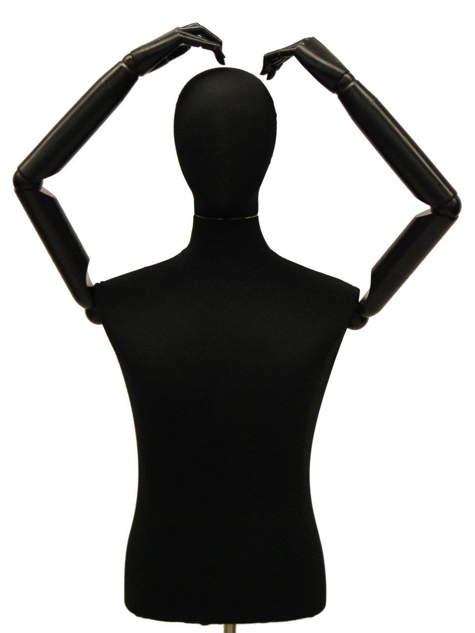 Male Dress Form with Bendable Arms: Black Jersey, Wheeled Base