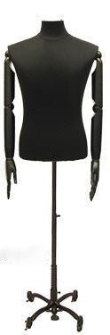 Male Dress Form with Bendable Arms: Black Jersey, Wheeled Base