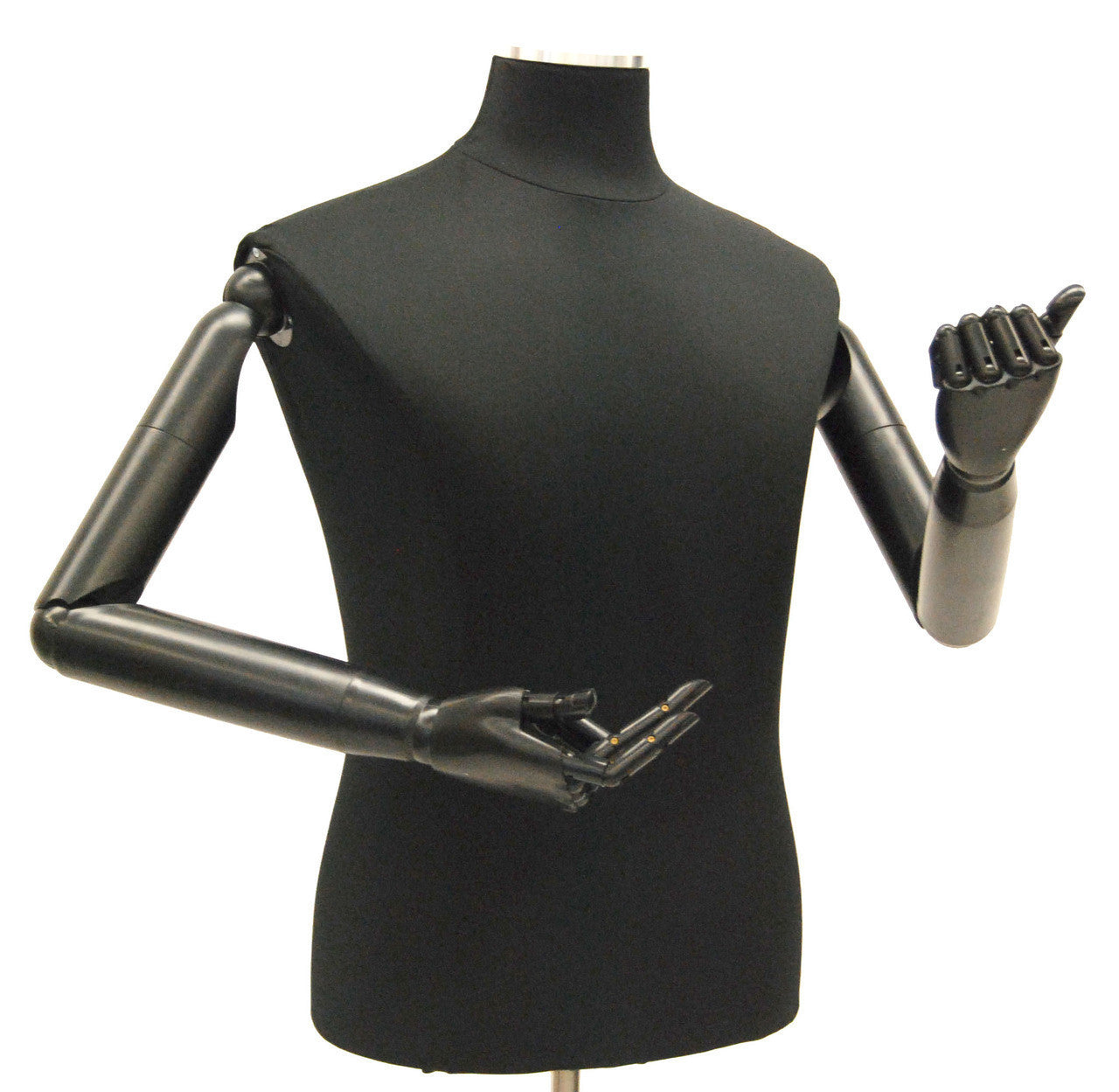 Male Dress Form with Bendable Arms: Black Jersey, Wheeled Base