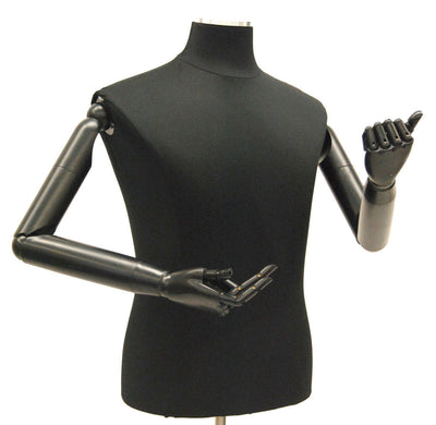 Male Dress Form with Bendable Arms: Black Jersey, Wheeled Base
