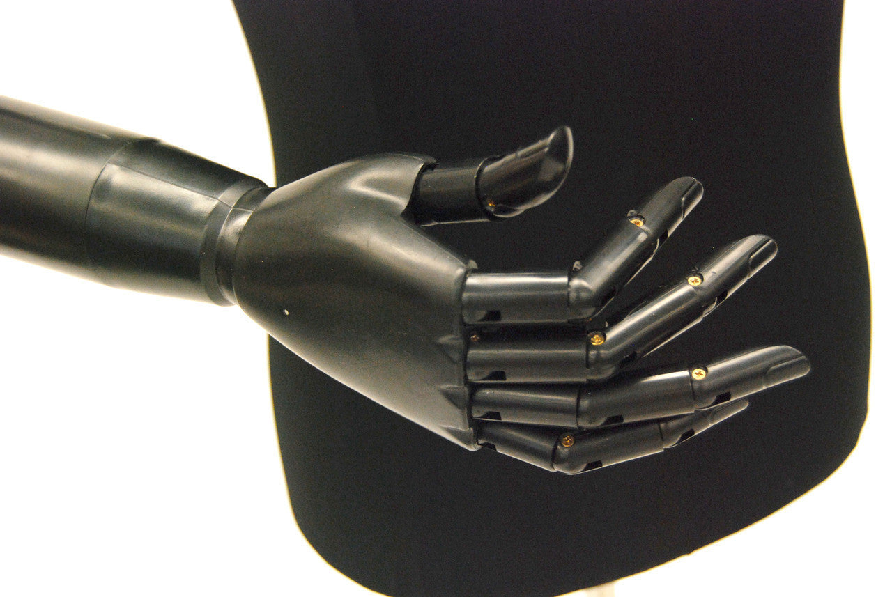 Male Dress Form with Bendable Arms: Black Jersey, Wheeled Base