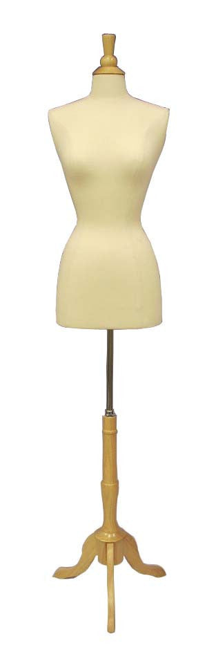 Female French Dress Form: White Jersey on Natural Wood Tripod Base