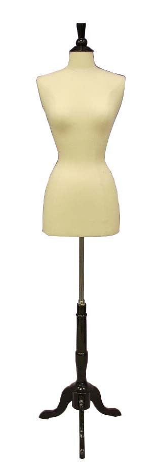 Female French Dress Form: White Jersey on Black Wood Tripod Base