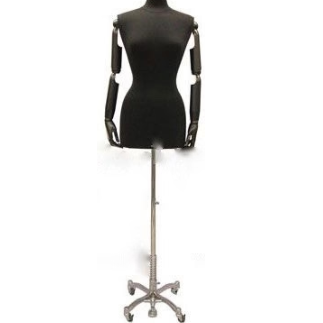 Female Dress Form with Bendable Arms: Black Jersey on Caster Wheel Base