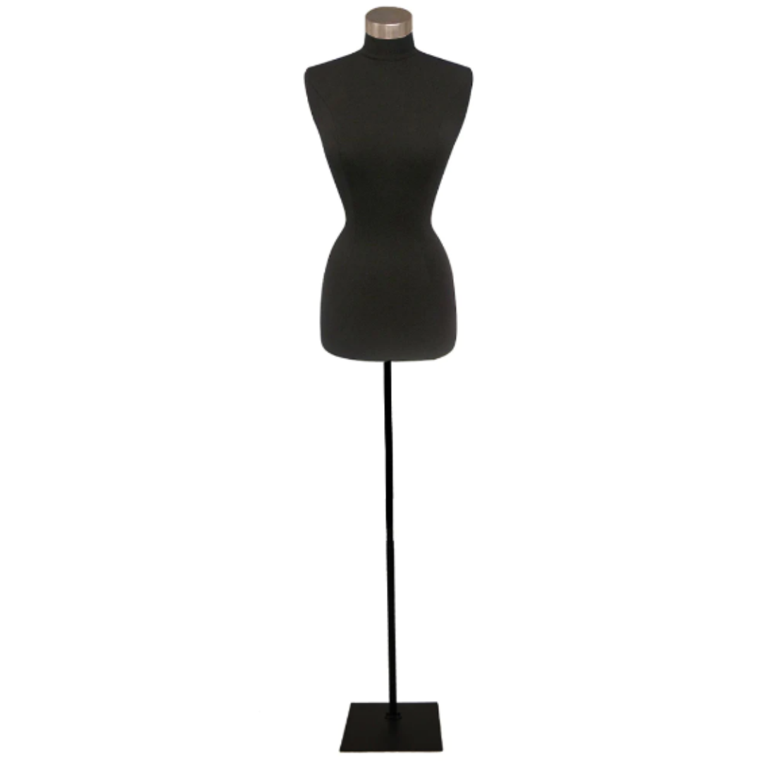 Female French Dress Form: Black Jersey on Black Metal Base