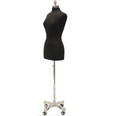 Female French Dress Form: Black Jersey on Chrome Wheeled Base