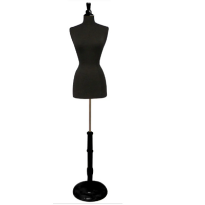 Female French Dress Form: Black Jersey on Round Black Wood Base