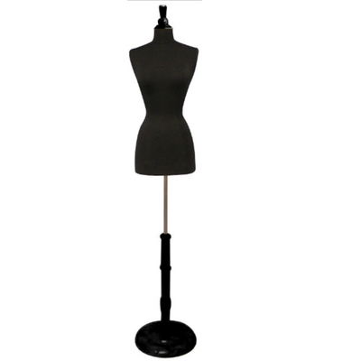 Female French Dress Form: Black Jersey on Round Black Wood Base
