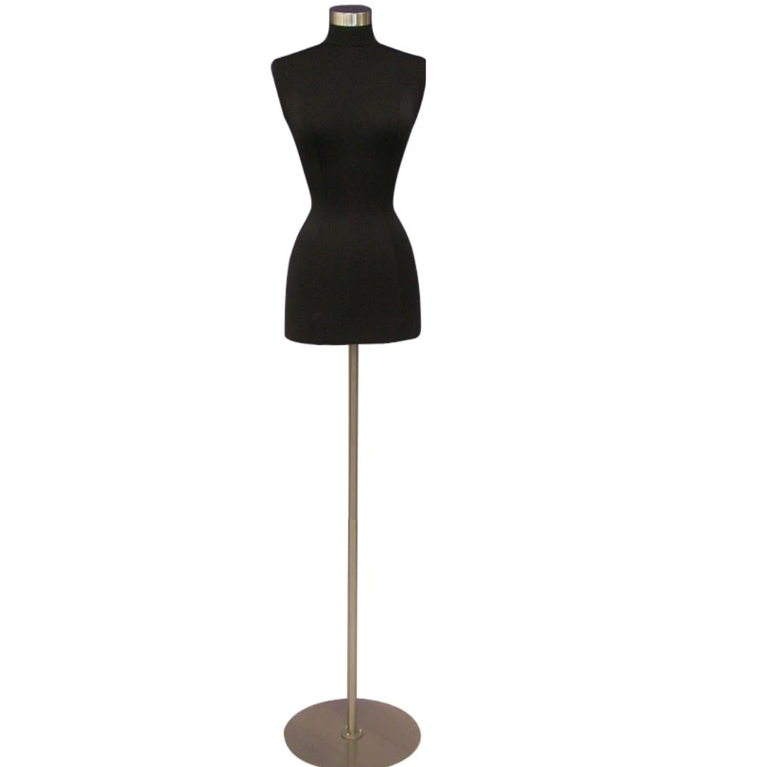Female French Dress Form: Black Jersey on Round Metal Base