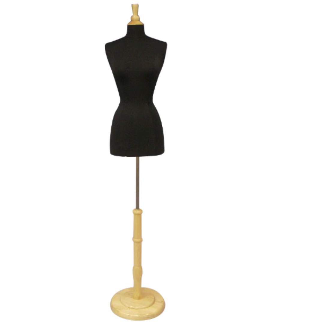 Female French Dress Form: Black Jersey on Round Natural Wood Base