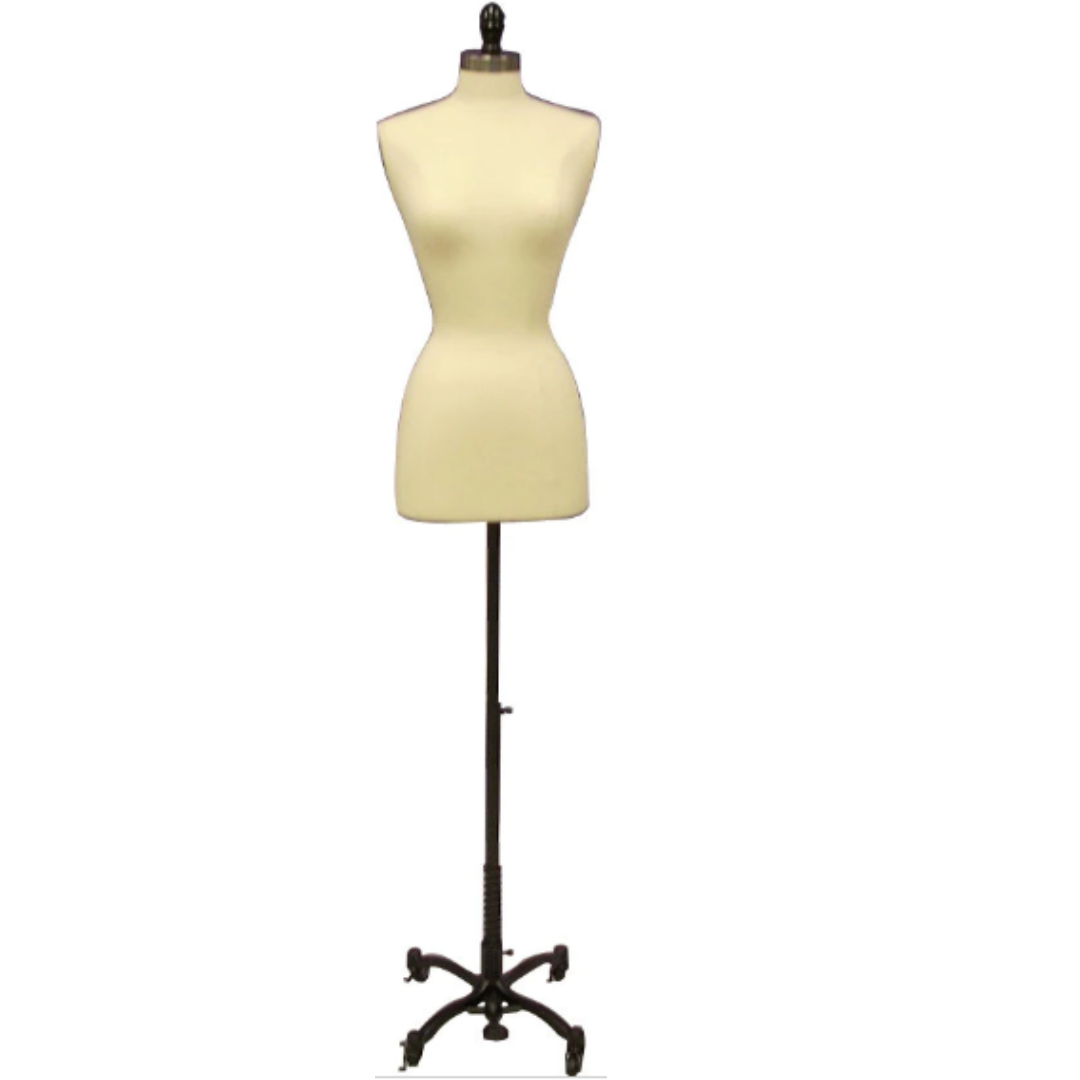 Female French Dress Form: White Jersey on Black Wheeled Base
