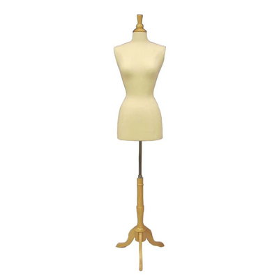 Female French Dress Form: White Jersey on Natural Wood Tripod Base