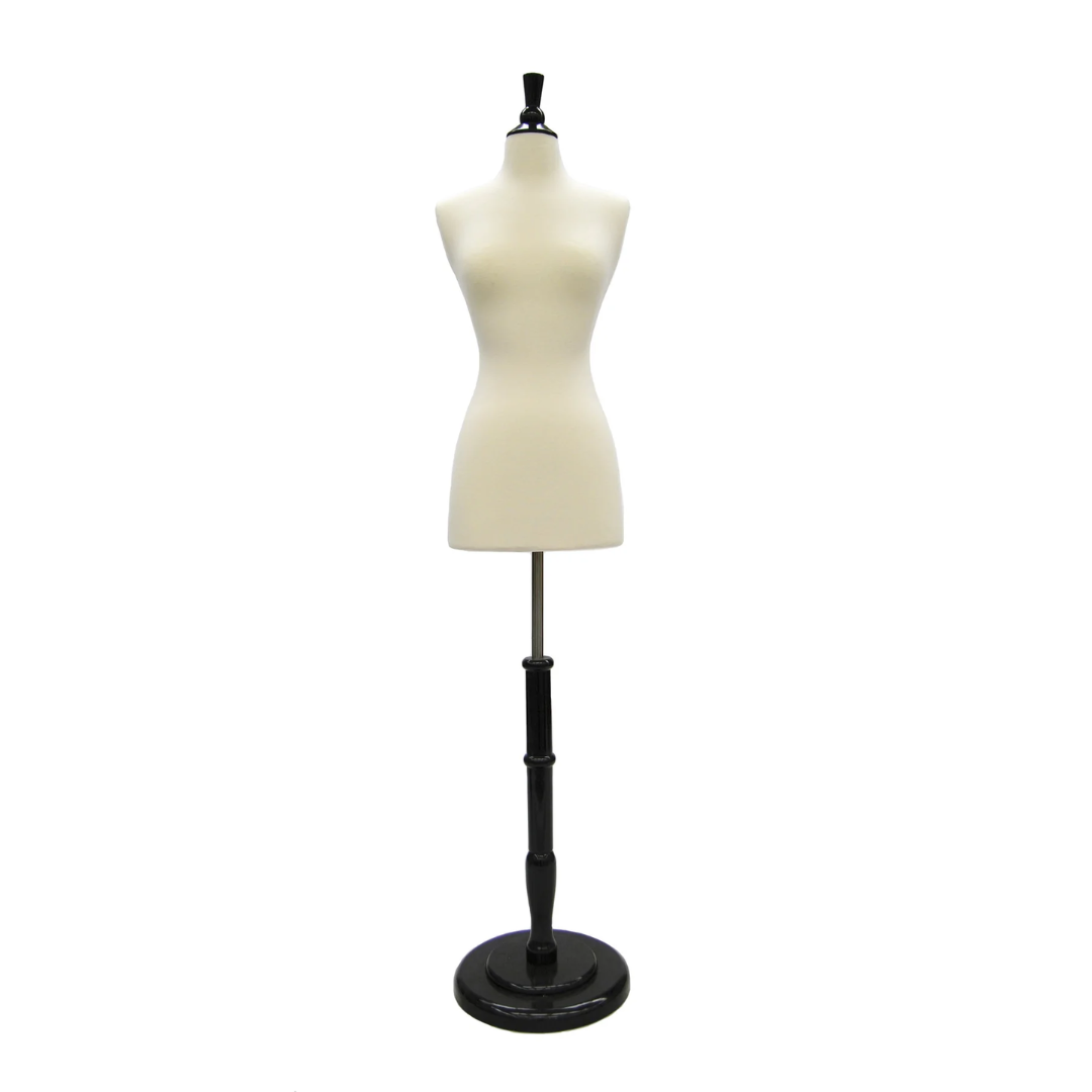 Female French Dress Form: White Jersey on Round Black Wood Base