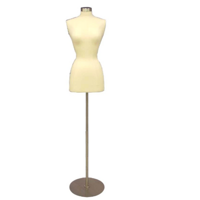 Female French Dress Form: White Jersey on Round Brushed Metal Base