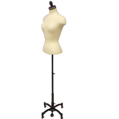 Female French Dress Form with Shoulders: Jersey on Black Wheeled Base