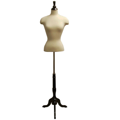Female French Dress Form with Shoulders: White Jersey on Black Wood Tripod Base