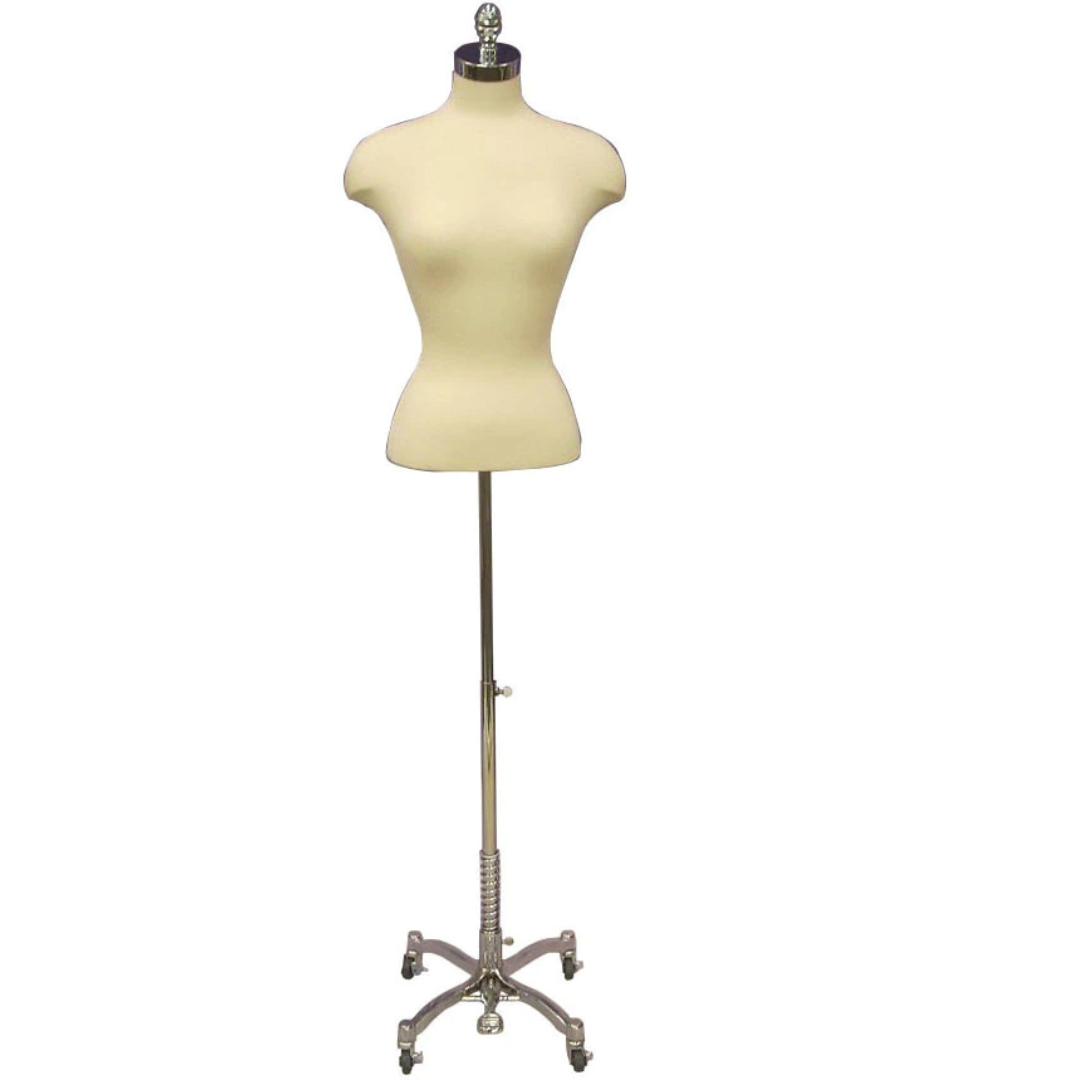 Female French Dress Form with Shoulders: White on Chrome Wheeled Base