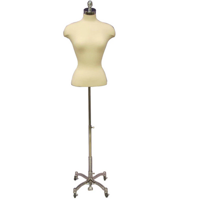 Female French Dress Form with Shoulders: White on Chrome Wheeled Base
