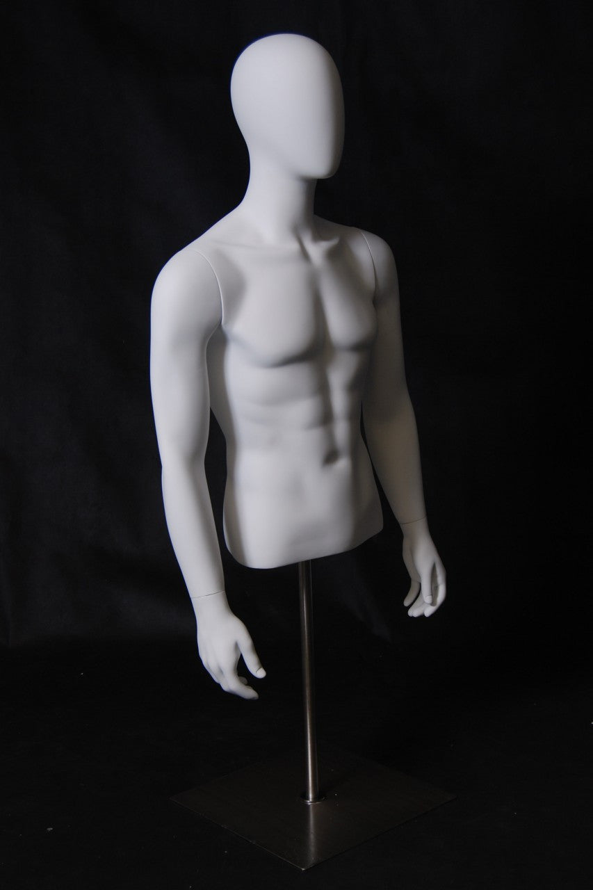 Male Half Body Mannequin, Egg Head, Torso W/ Detachable Arms on Stand - Wood