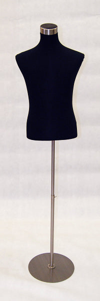 Male Dress Form: Black Jersey on Round Metal Base