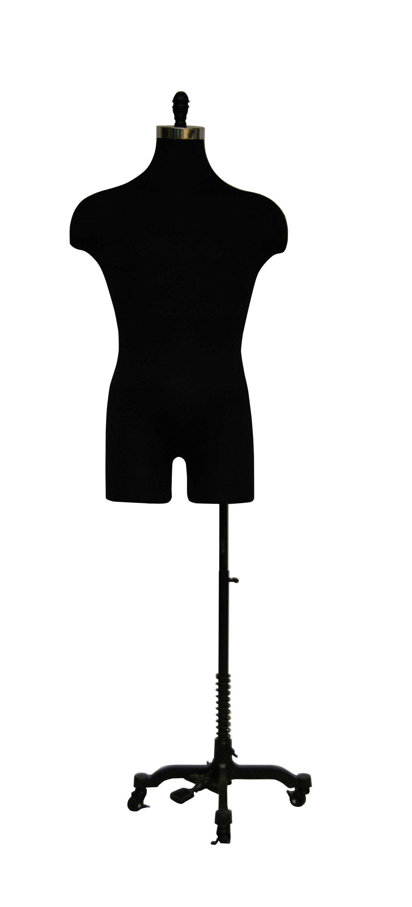 Black Male Mannequin Torso with Half Leg & Shoulders: Black Metal Wheeled Base