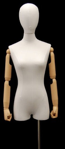 Female Half-Leg Dress Form with Bendable Arms: White Jersey on Metal Base
