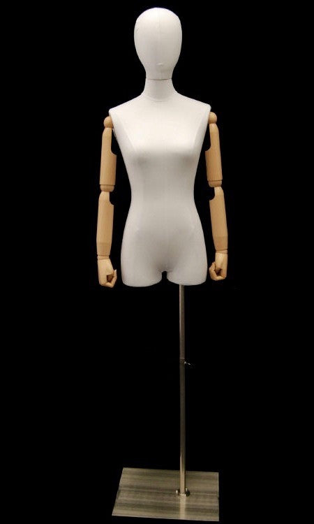 Female Half-Leg Dress Form with Bendable Arms: White Linen