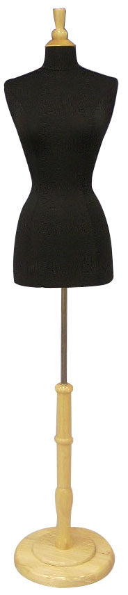 Female French Dress Form: Black Jersey on Round Natural Wood Base