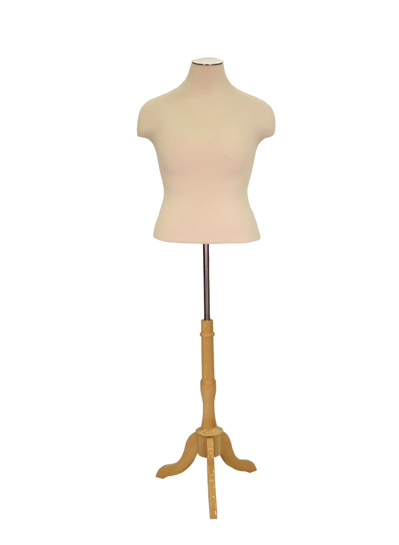 Plus-Size Female Dress Form: White Jersey on Wooden Tripod Base