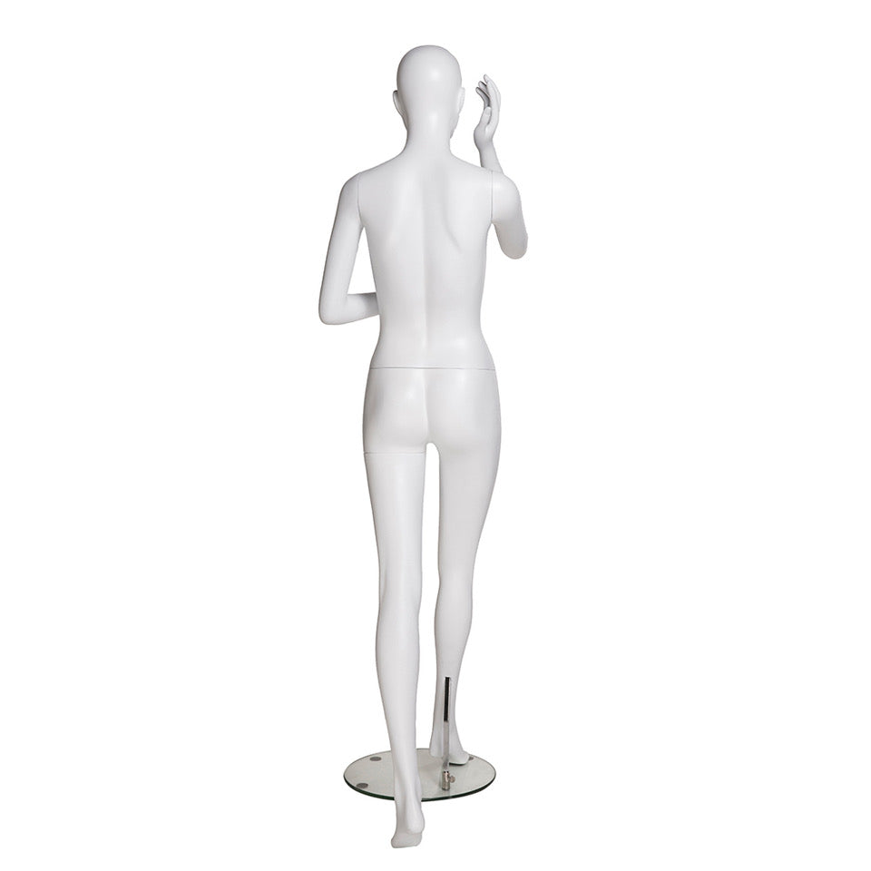 Female Mannequin with Abstract Head in Walking Position: Matte White