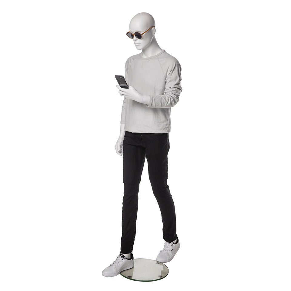 Male Mannequin with Abstract Head in Walking Position: Matte White